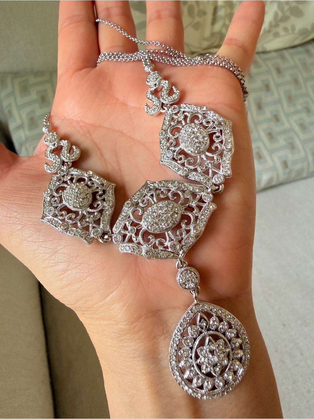 Nadri Silver-Tone Filigree Crystal Drop Necklace